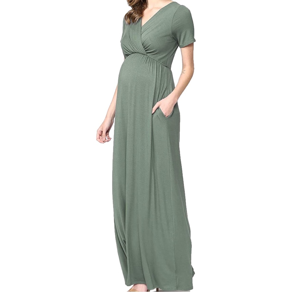 LaClef Women’s Dusty Green Short Sleeve Wrap Front Maternity Maxi Dress